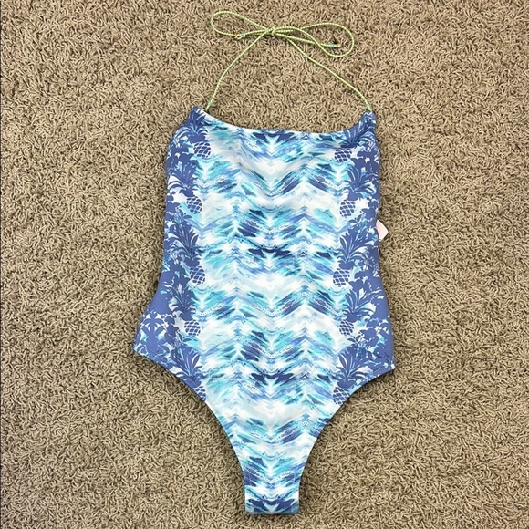 NWT Victoria’s Secret blue pineapple one piece halter swimsuit sz sm - Picture 1 of 6